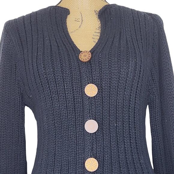 Pure Handknit 100% Black Cotton Wide Ribbed Knit Wood Buttons Cardigan Size S/M - Picture 3 of 9